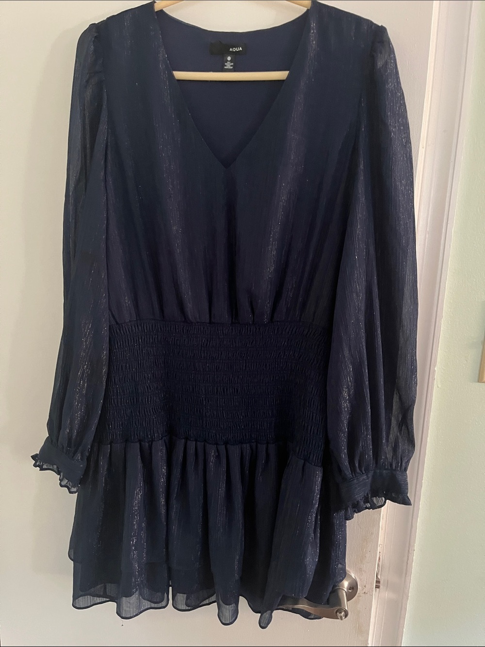 Aqua Navy V-Neck Long Sleeve Smocked Waist dress